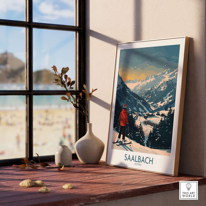 Saalbach Ski Print featuring a skier in the mountains of Austria displayed in a cozy home setting.