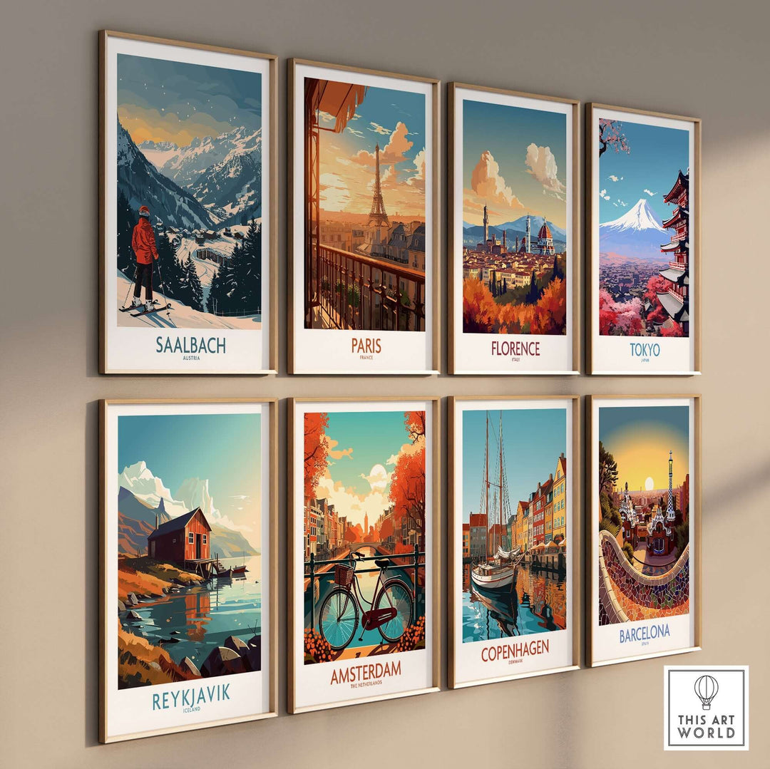 Vintage travel print collection featuring Saalbach, Paris, Florence, Tokyo, Reykjavik, Amsterdam, Copenhagen, and Barcelona.