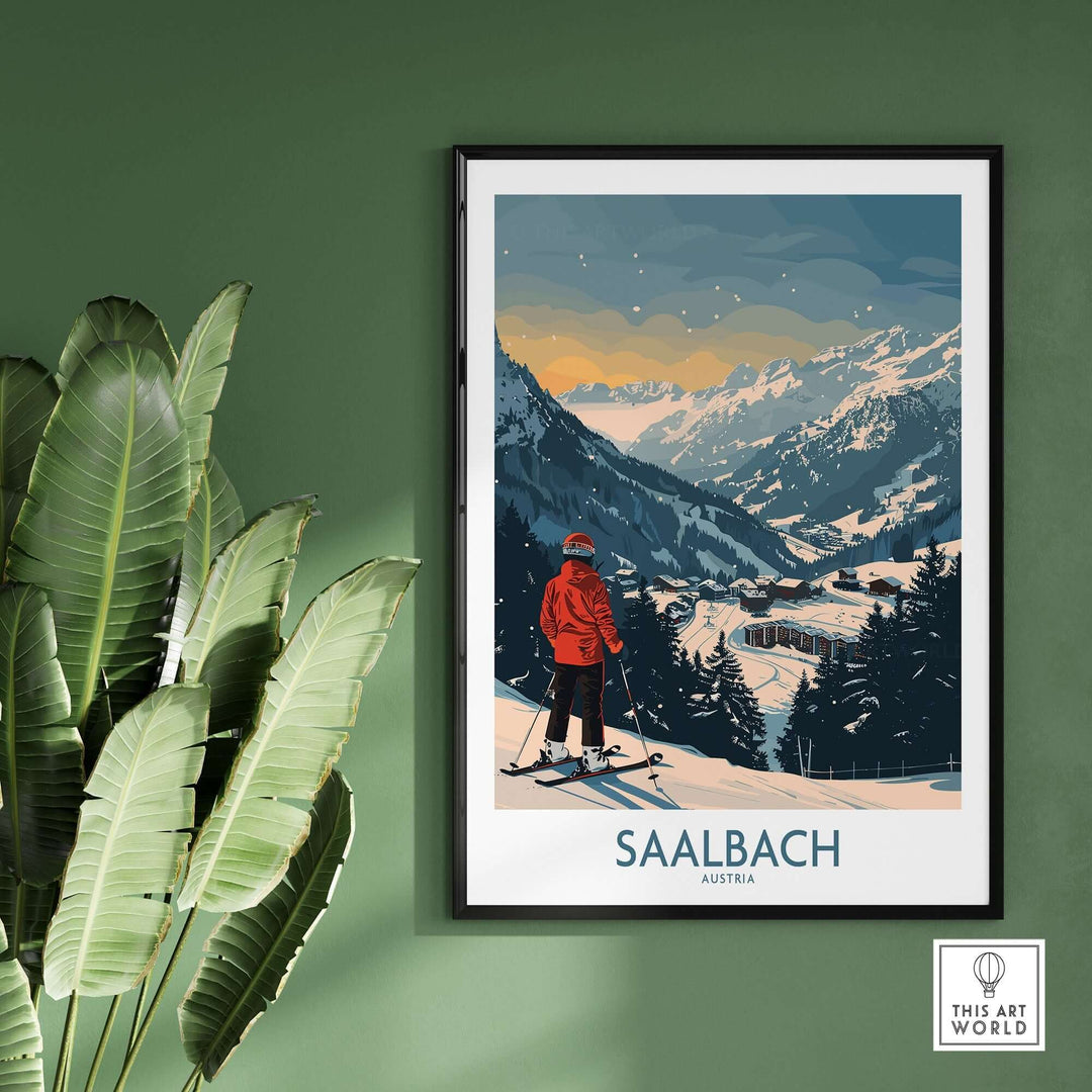 Saalbach ski print featuring a skier in the Austrian mountains, showcasing winter beauty and adventure, perfect for wall art.