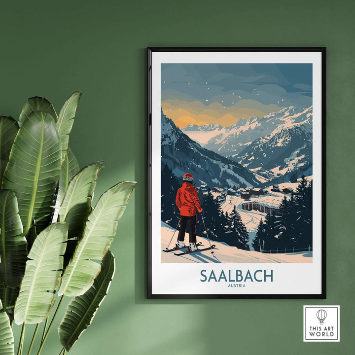 Saalbach ski print featuring a skier in the Austrian mountains, showcasing winter beauty and adventure, perfect for wall art.