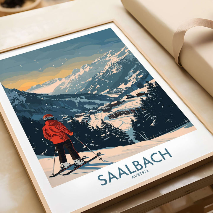 Saalbach Ski Print showcasing a skier in the Austrian mountains, perfect for adventure lovers and home decor.