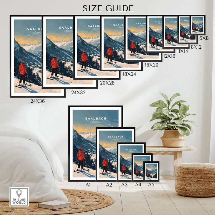 Saalbach travel poster size guide showcasing various frame sizes for the Austria ski print in a stylish home setting.