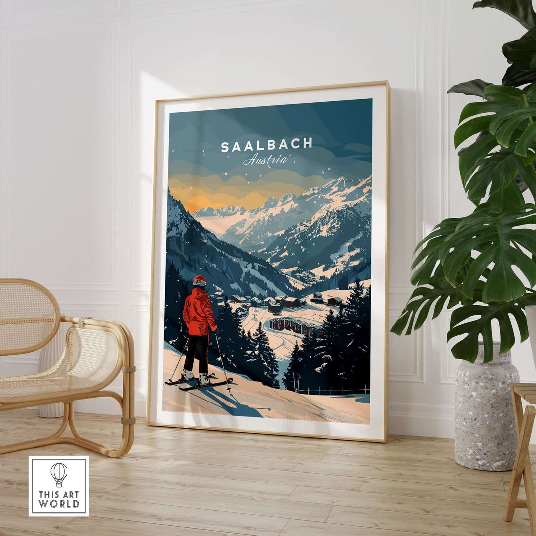 Saalbach travel poster showcasing a skier in the Austrian Alps, capturing the stunning beauty of Saalbach's winter landscape.