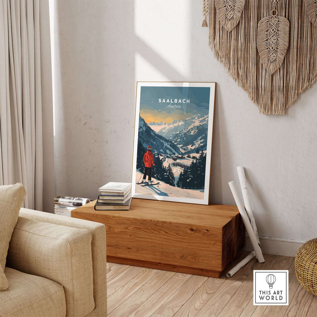 Saalbach travel poster featuring stunning Austrian ski scenery, displayed in a cozy living room setting.