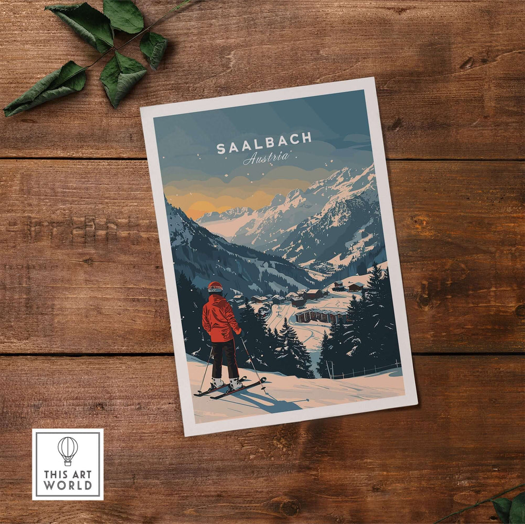 Saalbach travel poster showcasing a skier in the Austrian Alps, perfect for adding charm to your travel decor.