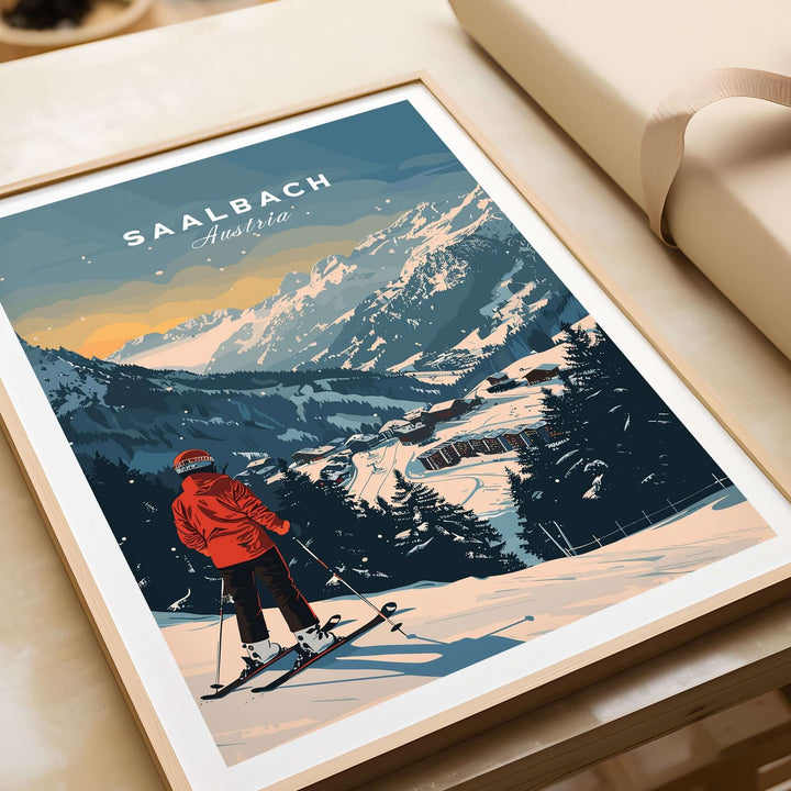 Saalbach travel poster showcasing a skier in the stunning Austrian Alps, perfect for ski enthusiasts and travel decor.