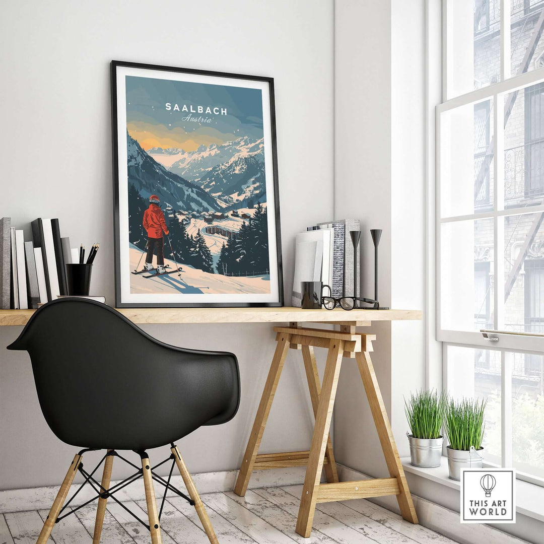 Saalbach travel poster in a stylish home office, showcasing Austrian ski scenery and a serene winter landscape.