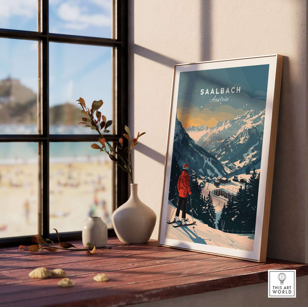 Saalbach travel poster showcasing a skier amid stunning Austrian mountains, perfect for ski enthusiasts and travel decor.