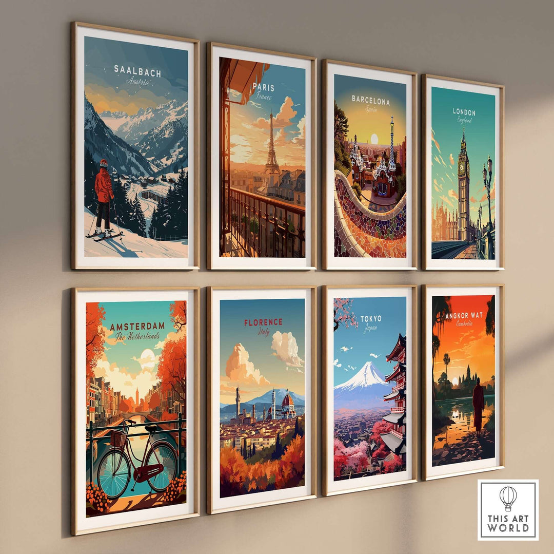 Collection of vibrant travel posters featuring Saalbach, Paris, Barcelona, London, Amsterdam, Florence, Tokyo, and Angkor Wat.