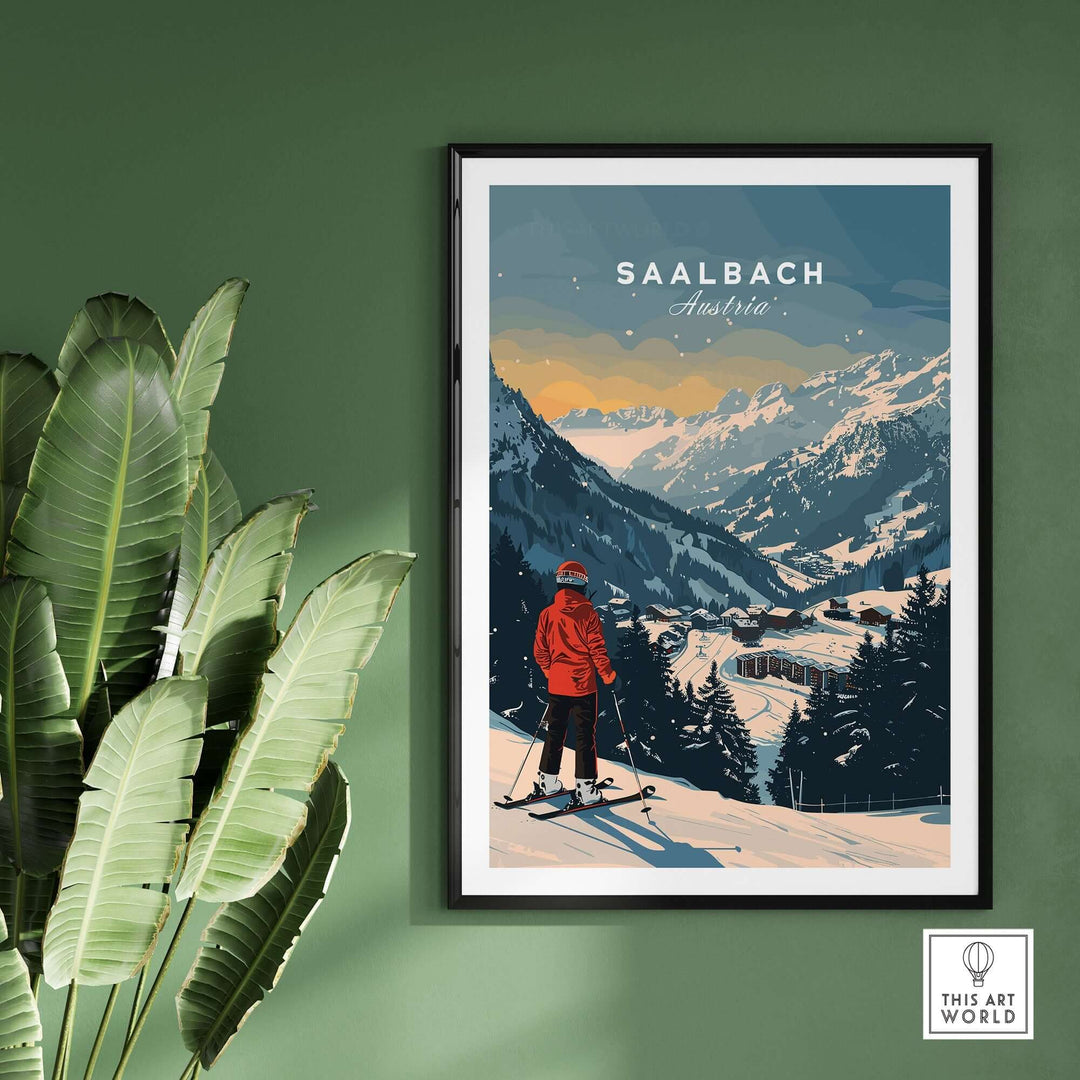 Saalbach travel poster featuring a skier in the Austrian Alps, capturing the beauty of the winter landscape and adventure.