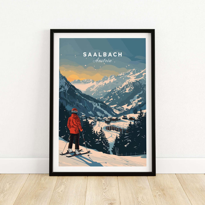 Saalbach travel poster featuring a skier on a snowy slope with mountains in the background, capturing Austria's scenic beauty.