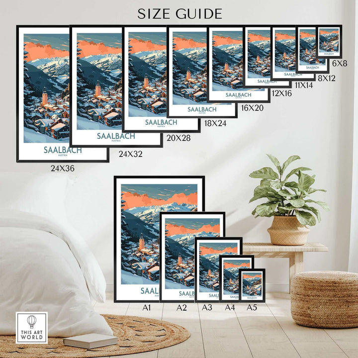 Saalbach ski poster wall art size guide, showcasing various poster dimensions for home decor.