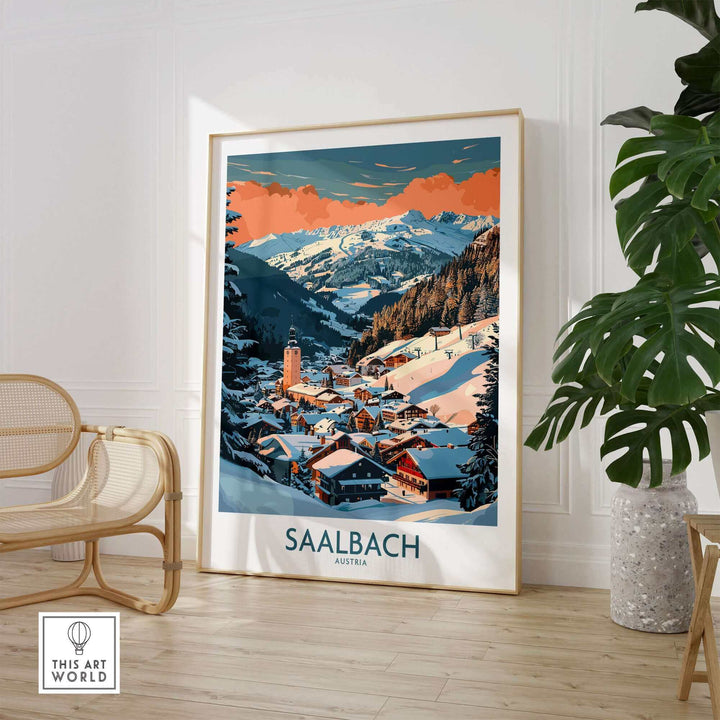 Saalbach ski poster featuring scenic snowy mountain village, perfect wall art for ski enthusiasts.