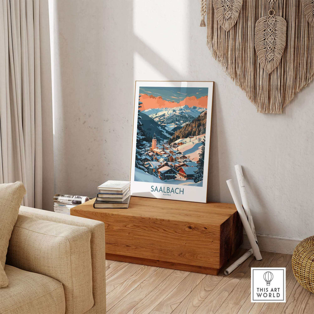 Stylish Saalbach wall art ski poster in cozy living room setting.