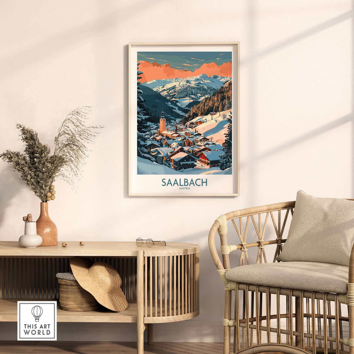 Saalbach ski poster wall art in cozy living room setting, showcasing mountain landscape and village.