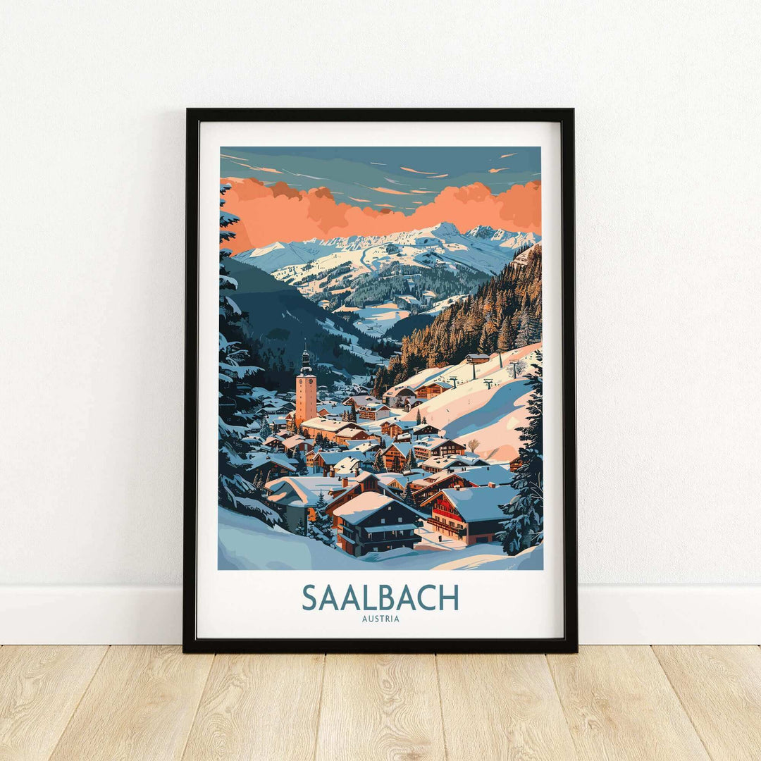 Saalbach ski poster featuring a scenic winter landscape with snow-covered mountains and village, perfect wall art for ski enthusiasts.