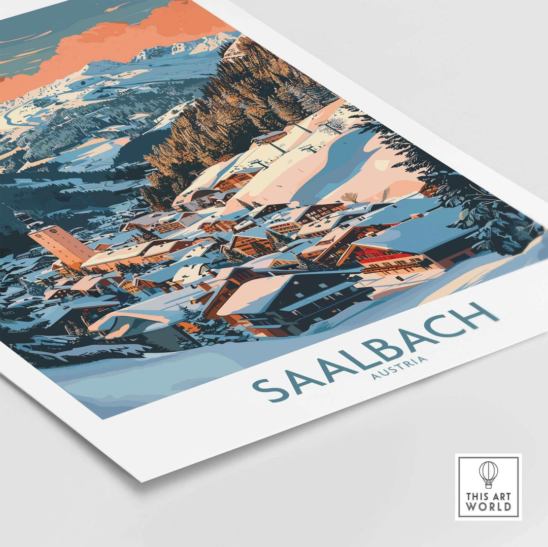 Saalbach wall art ski poster depicting a winter village scene with snow-covered rooftops and mountains, perfect for decor.