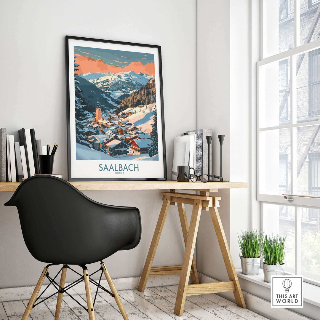 Saalbach ski wall art poster on stylish desk in bright modern office, enhancing decor with winter mountain scene.