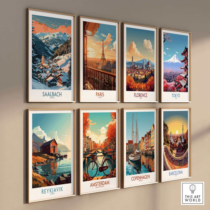 Wall display of city-themed posters including Saalbach ski art and iconic landmarks from Paris, Florence, Tokyo, and more.