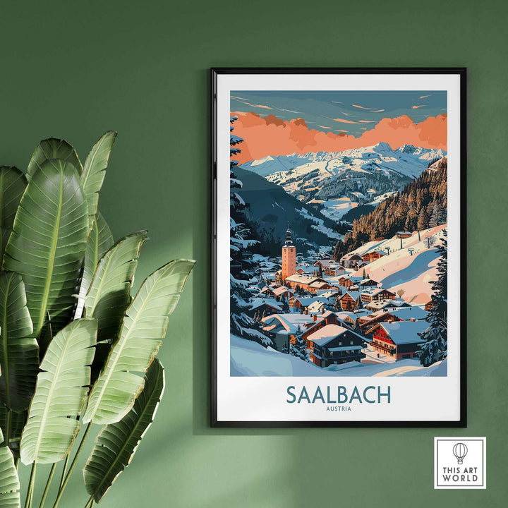 Saalbach ski poster featuring scenic Austrian mountain village wall art on a green wall with plants.