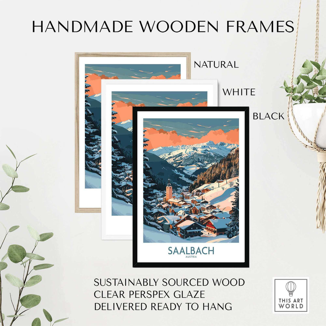 Saalbach Ski Poster with Handmade Wooden Frames in Natural, White, and Black Options