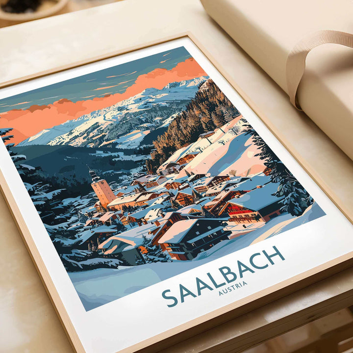 Saalbach ski poster featuring a vibrant wall art illustration of the snowy Austrian village, framed and ready to display.