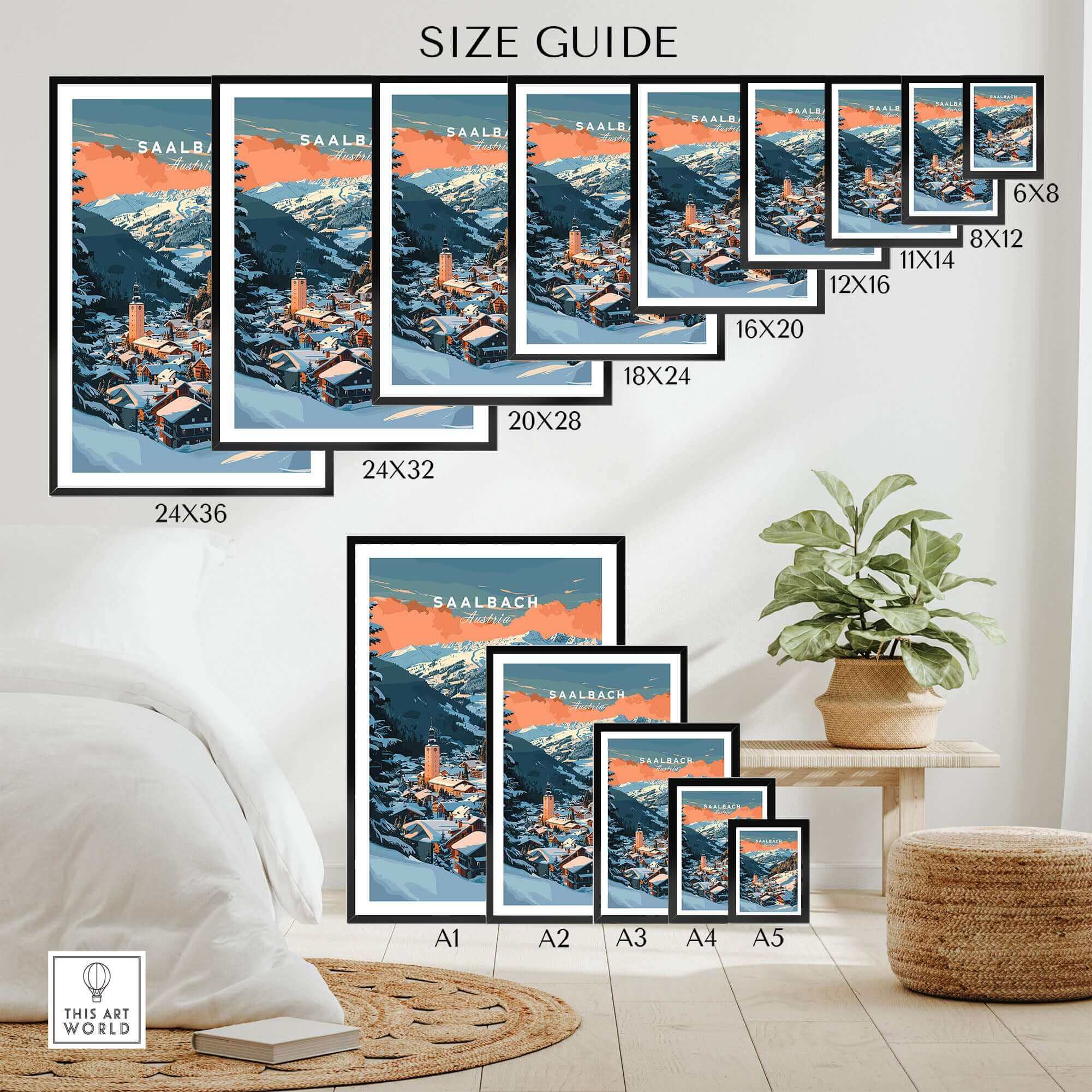 Saalbach Wall Art Print Size Guide – Ski Poster available in various dimensions, displayed in a modern room setting.