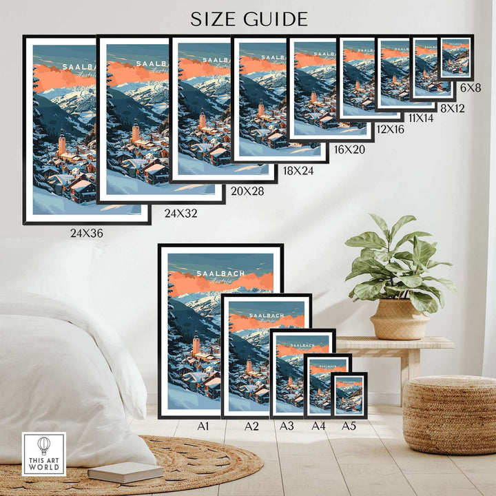 Saalbach Wall Art Print Size Guide – Ski Poster available in various dimensions, displayed in a modern room setting.