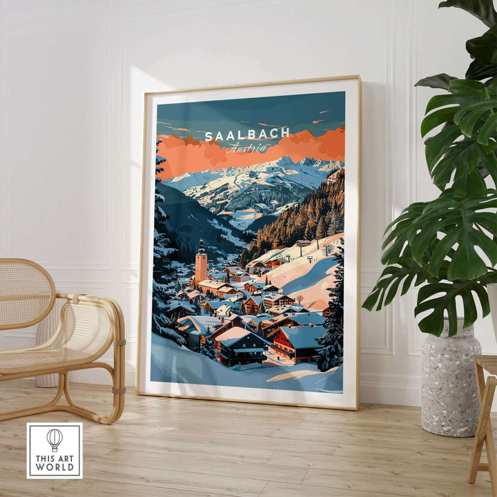 Saalbach wall art print, scenic ski poster featuring picturesque mountain village in Austria, displayed in stylish interior setting.