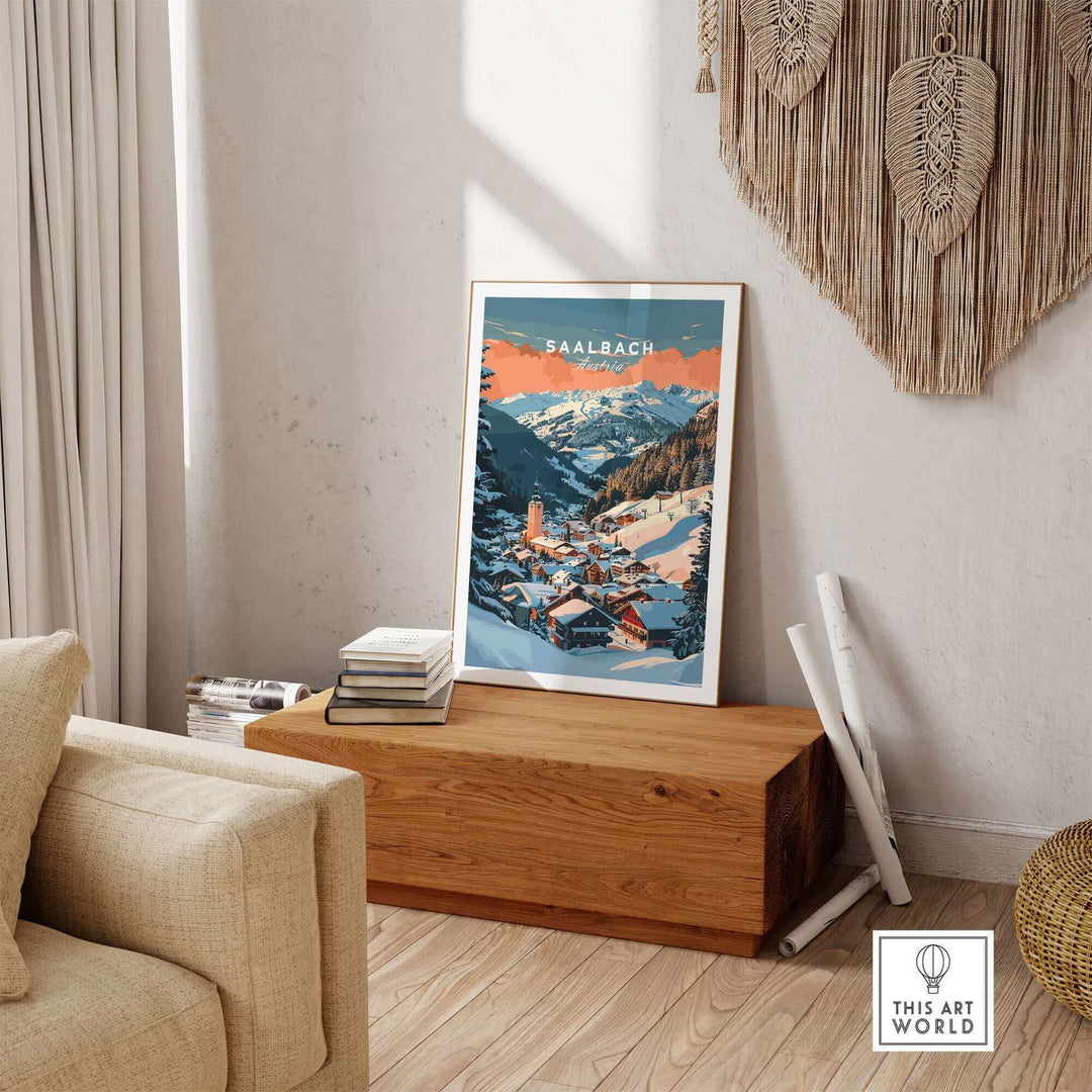 Saalbach wall art print displayed on wooden bench in cozy living room, featuring a vibrant ski poster landscape.