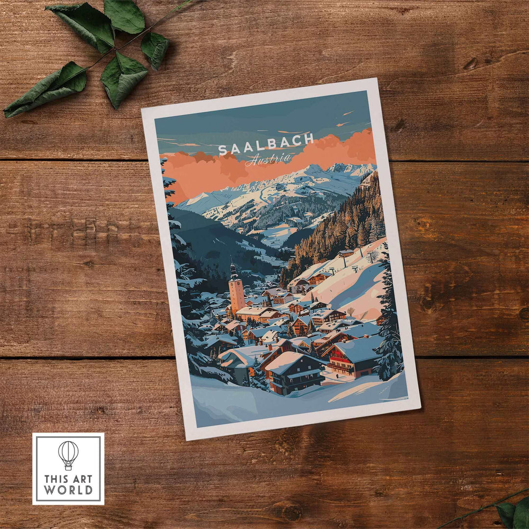 Saalbach wall art print on wooden background featuring ski poster with mountain village and snowy landscape.