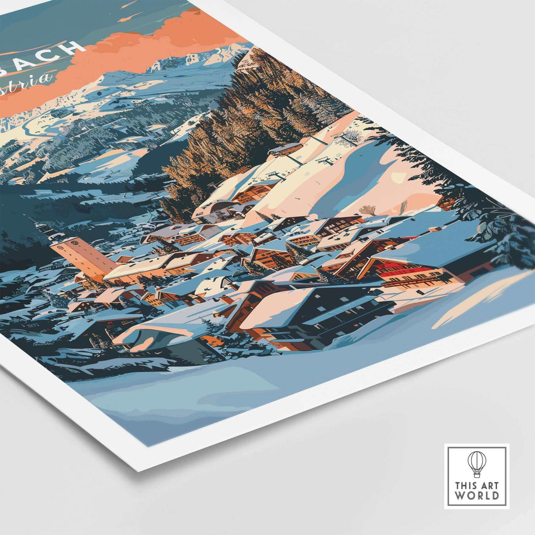 Saalbach ski poster showcasing wall art print of a scenic snowy village with mountains in the background.