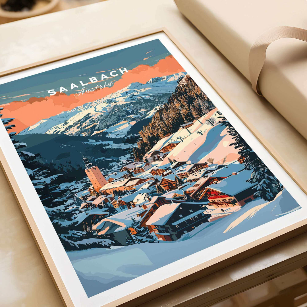 Saalbach wall art print depicting a scenic ski village in Austria, perfect as a ski poster for winter sports enthusiasts.