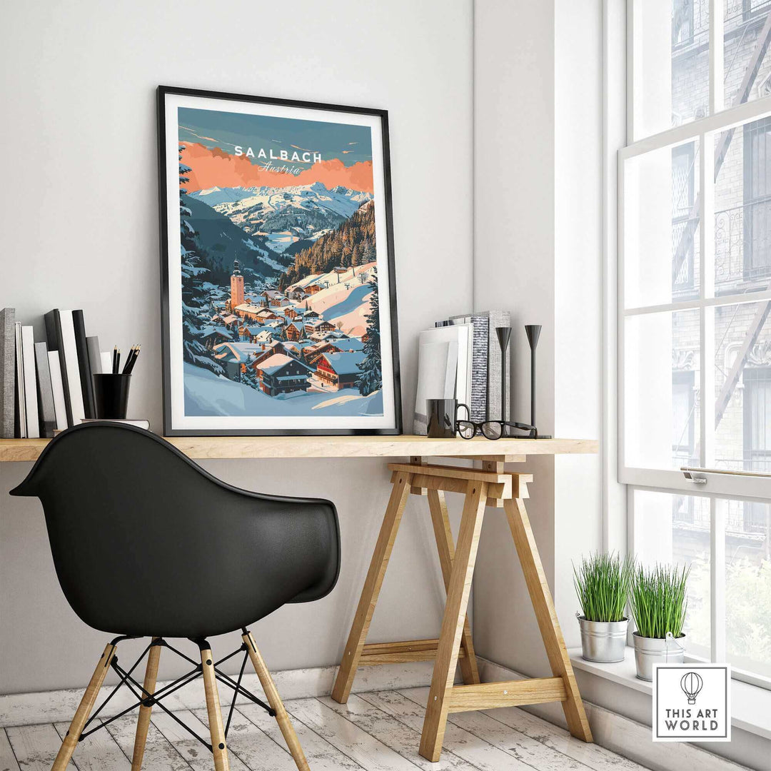 Saalbach ski poster wall art print in elegant living space, featuring scenic mountain landscape.