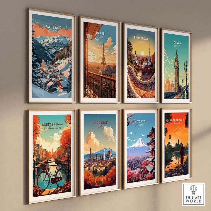 Saalbach wall art print in a collection of ski posters featuring various global cityscapes in a gallery setting.