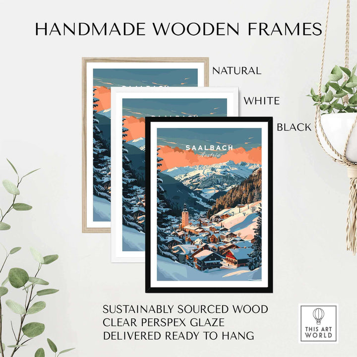 Saalbach ski poster wall art print in handmade wooden frames, available in natural, white, and black, ready to hang.