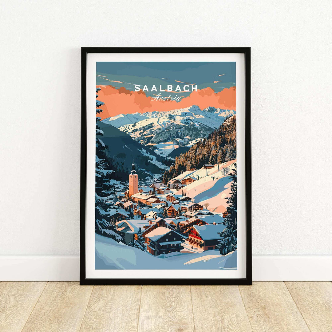 Saalbach ski poster featuring a stunning mountain view and village, ideal wall art print for ski enthusiasts and home decor.