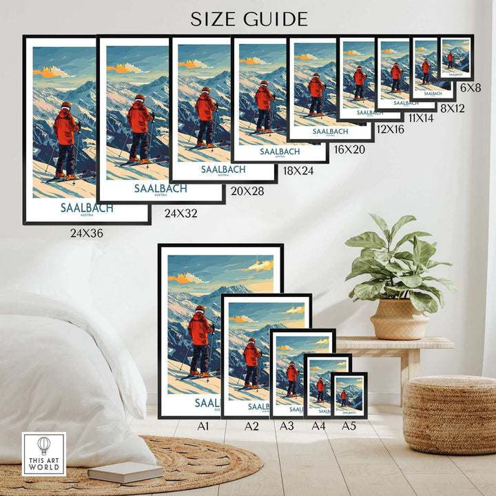 Saalbach wall art ski print size guide featuring various poster dimensions for Austria-themed ski decor.