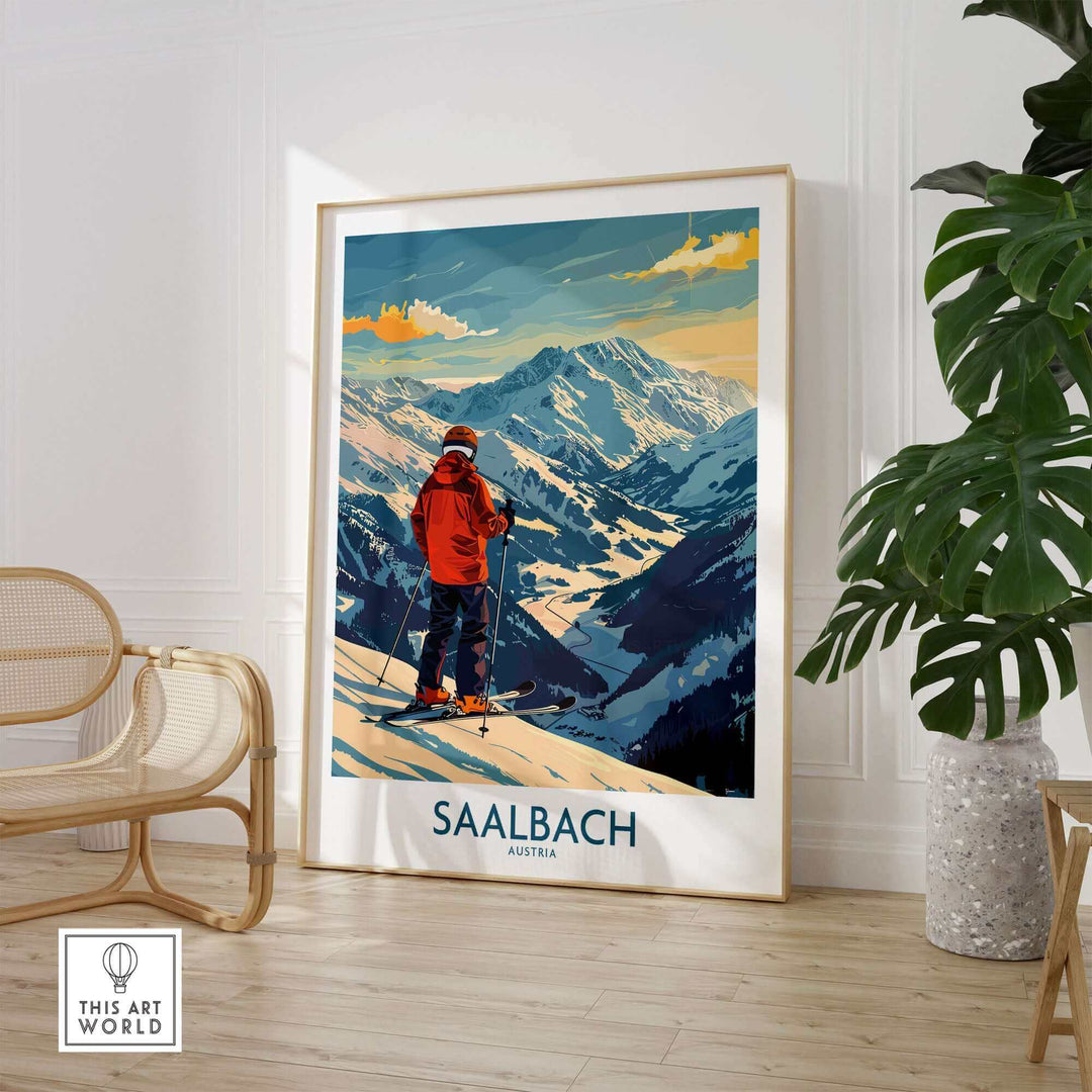 Saalbach Wall Art Ski Print featuring skier in Austrian mountain landscape with blue skies, perfect ski poster for home decor.