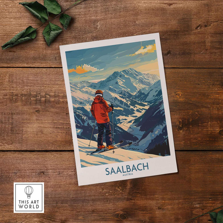 Saalbach ski poster featuring skier overlooking snowy Austrian mountains, ideal wall art for ski enthusiasts.