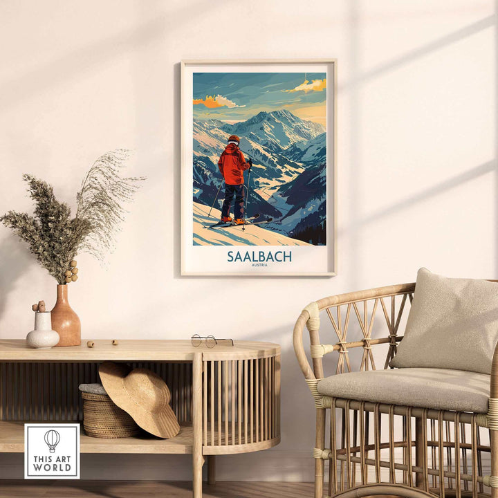 Saalbach ski wall art print in modern living room, featuring an Austrian mountain landscape. Ski Poster decor.