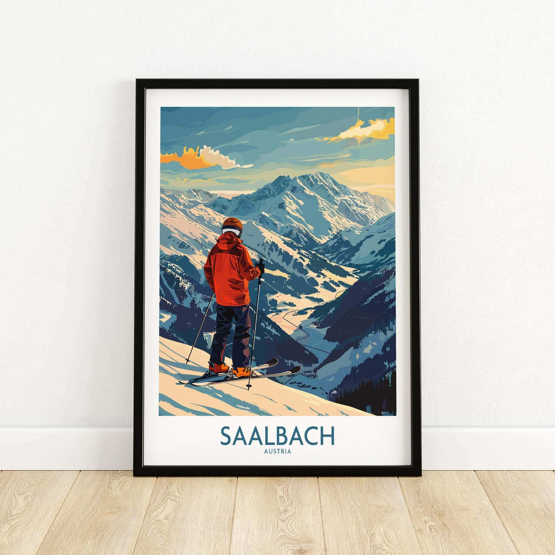 Saalbach Wall Art Ski Print featuring a skier overlooking snowy mountains in Austria. Ideal for ski enthusiasts. Ski Poster decor.