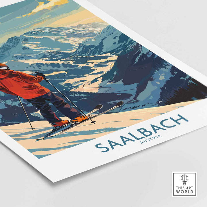 Ski Poster featuring Saalbach, Austria - Wall art print of a skier overlooking snowy mountains in vibrant colors.