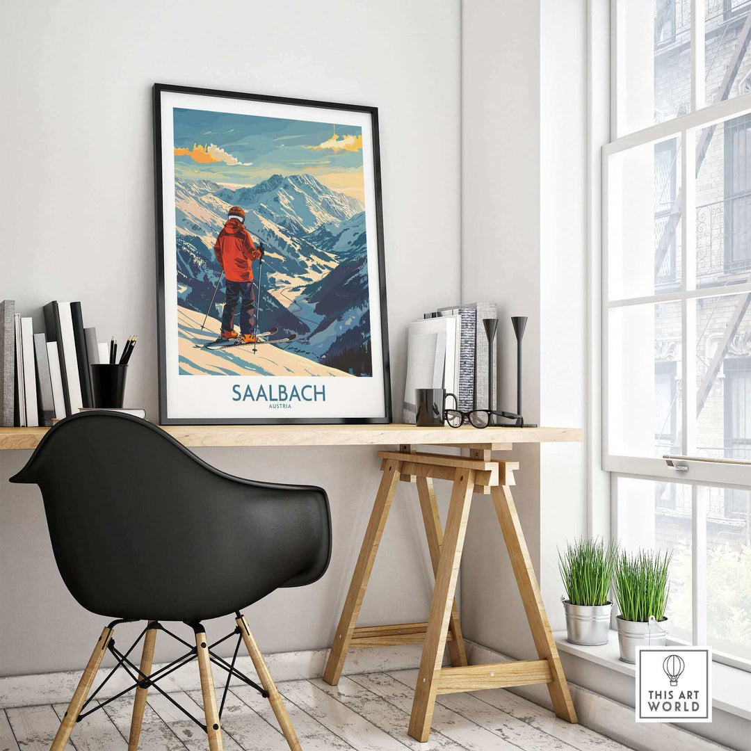 Saalbach Wall Art Ski Print in Modern Workspace - Vibrant Austria Ski Poster Decor on Wooden Desk with Black Chair