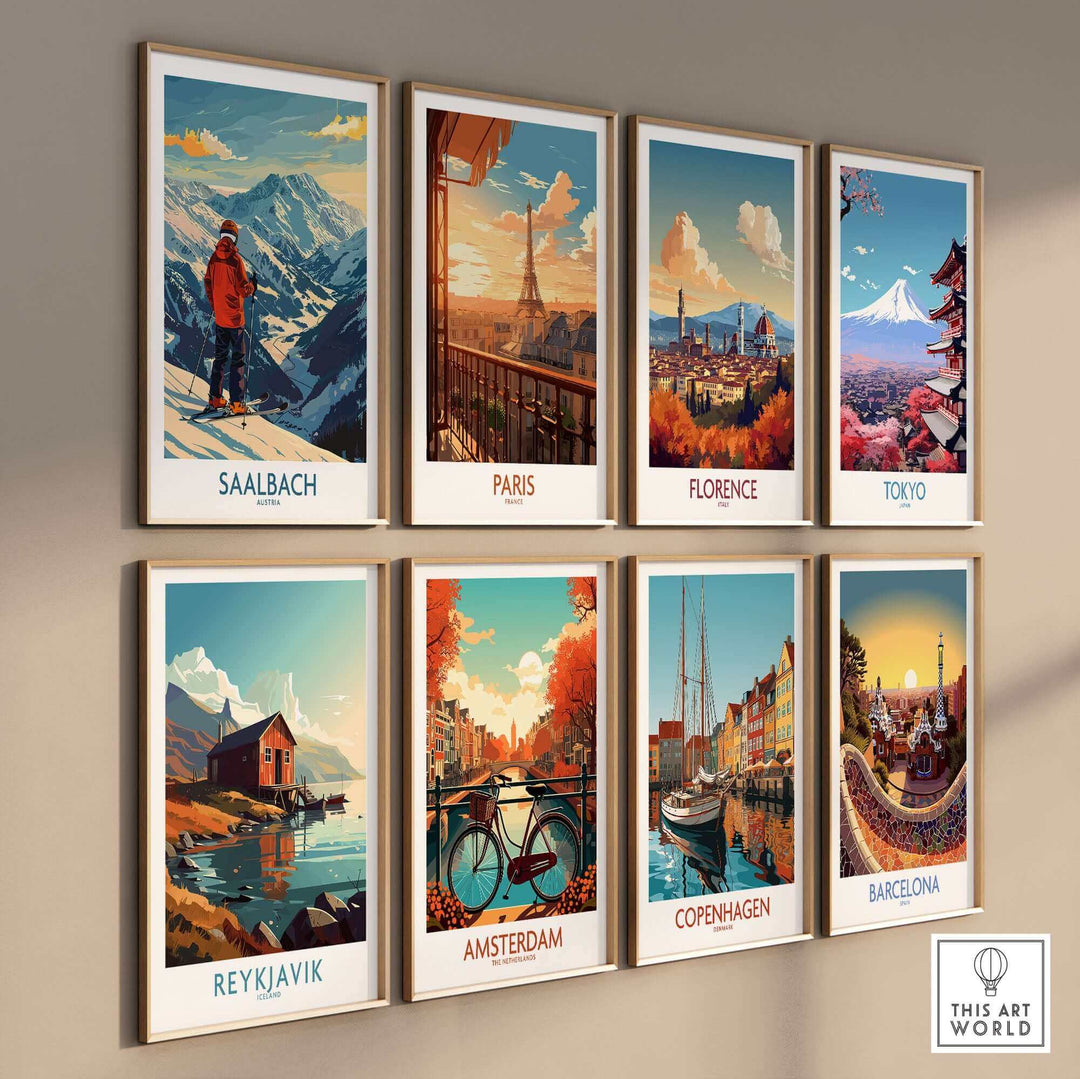 Wall art collection featuring Saalbach ski poster, Paris, Florence, Tokyo, Reykjavik, Amsterdam, Copenhagen, and Barcelona prints.