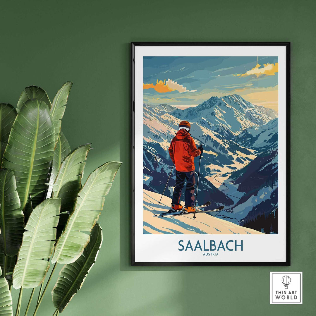 Saalbach Austria wall art featuring skier on snowy mountain, green wall background, ski poster print.