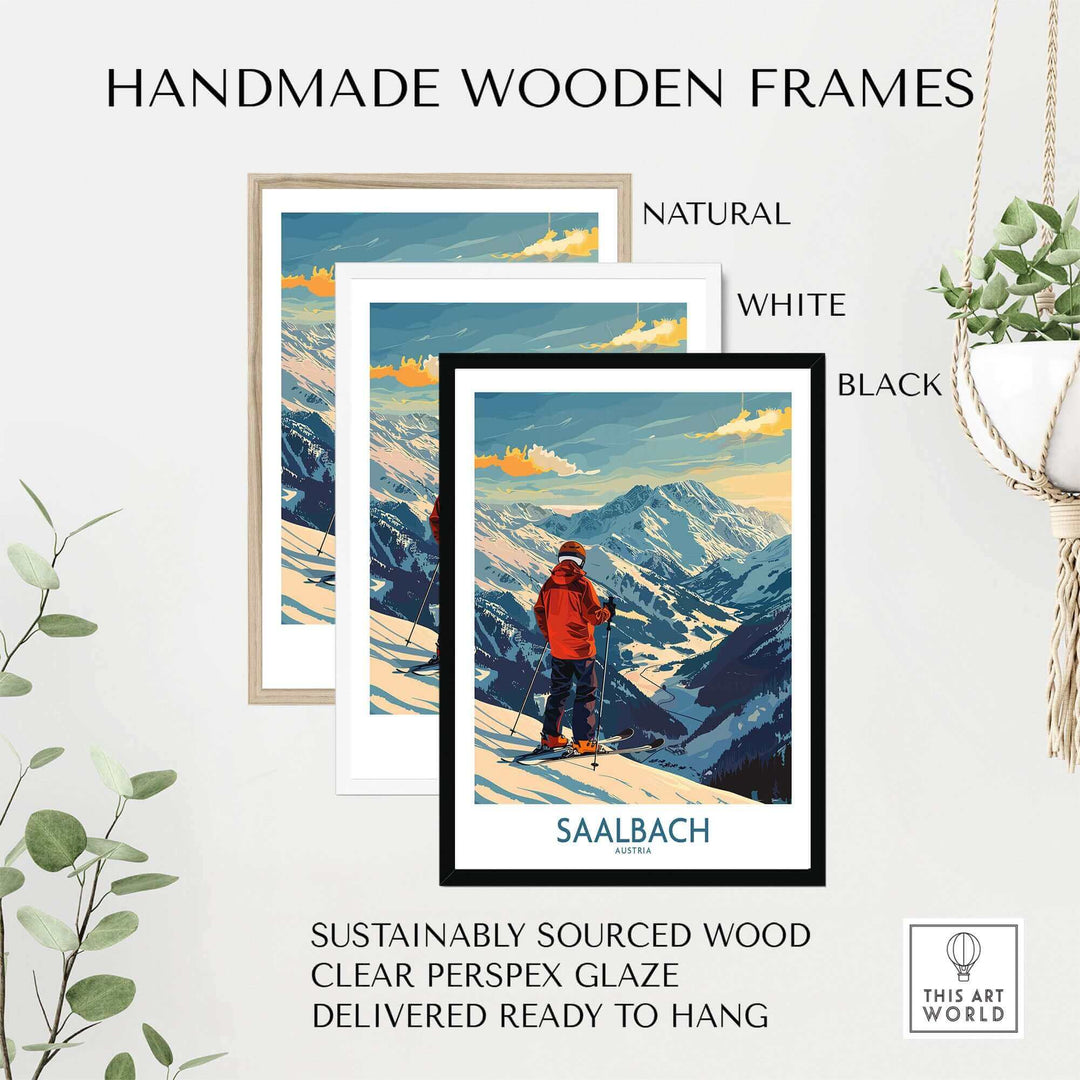 Saalbach Wall Art Ski Poster in Handmade Wooden Frames - Austria Print