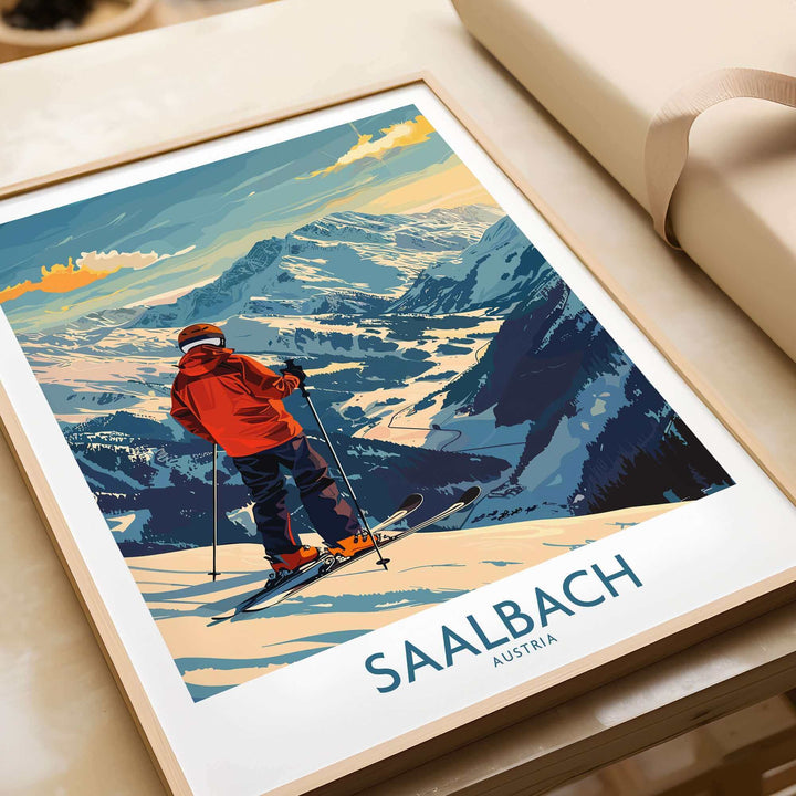 Saalbach Austria ski poster with skier in mountain landscape wall art print.