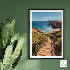 Sagres Algarve Poster - Beach Print featuring Portugal's coastline and vibrant scenery on a green wall.