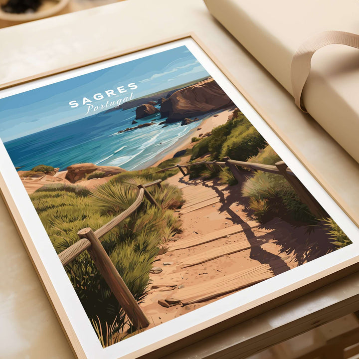Sagres Algarve Poster - Beach Print featuring a scenic coastal path and vibrant blue waters in Portugal.